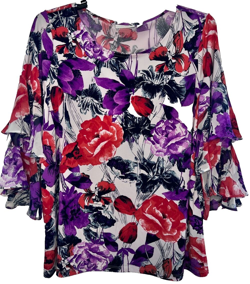 Susan Graver Floral Multi Flutter Sleeve Split Size XL